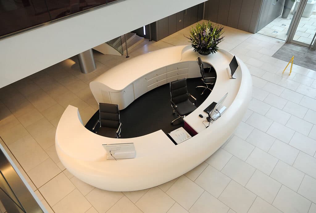 White HIMACS Solid Surface Oval Tablet Shaped Desk