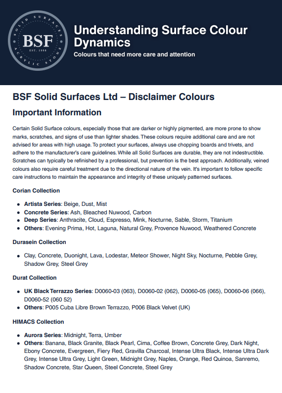 Disclaimer Colours in Solid Surface