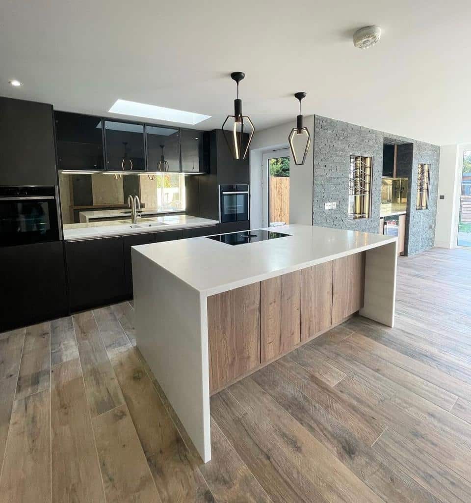 HIMACS Kitchen island unit near to bifold windows